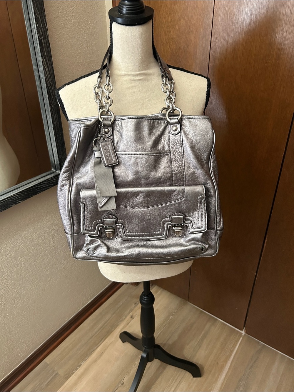Coach Metallic Silver Leather Shoulder Tote